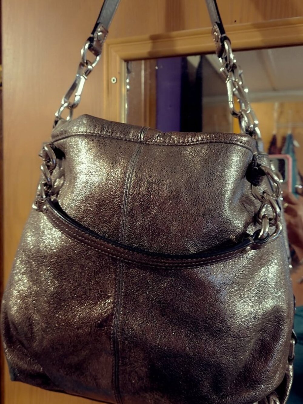 Authentic Coach Metallic Pewter Leather Hobo Shoulder Bag | Style F17165 | Chain